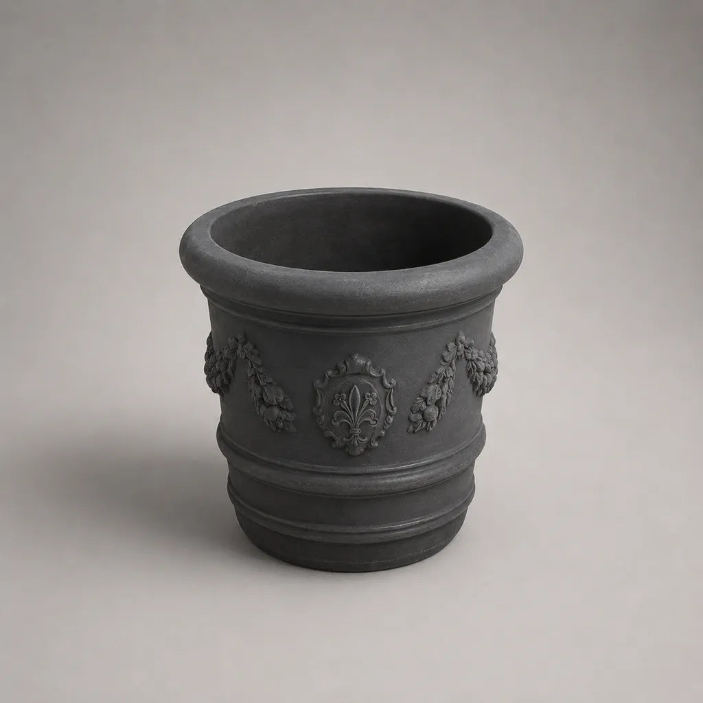 Pot de fleurs rond décoratif en béton gris anthracite Ø 48 × H 50 cm