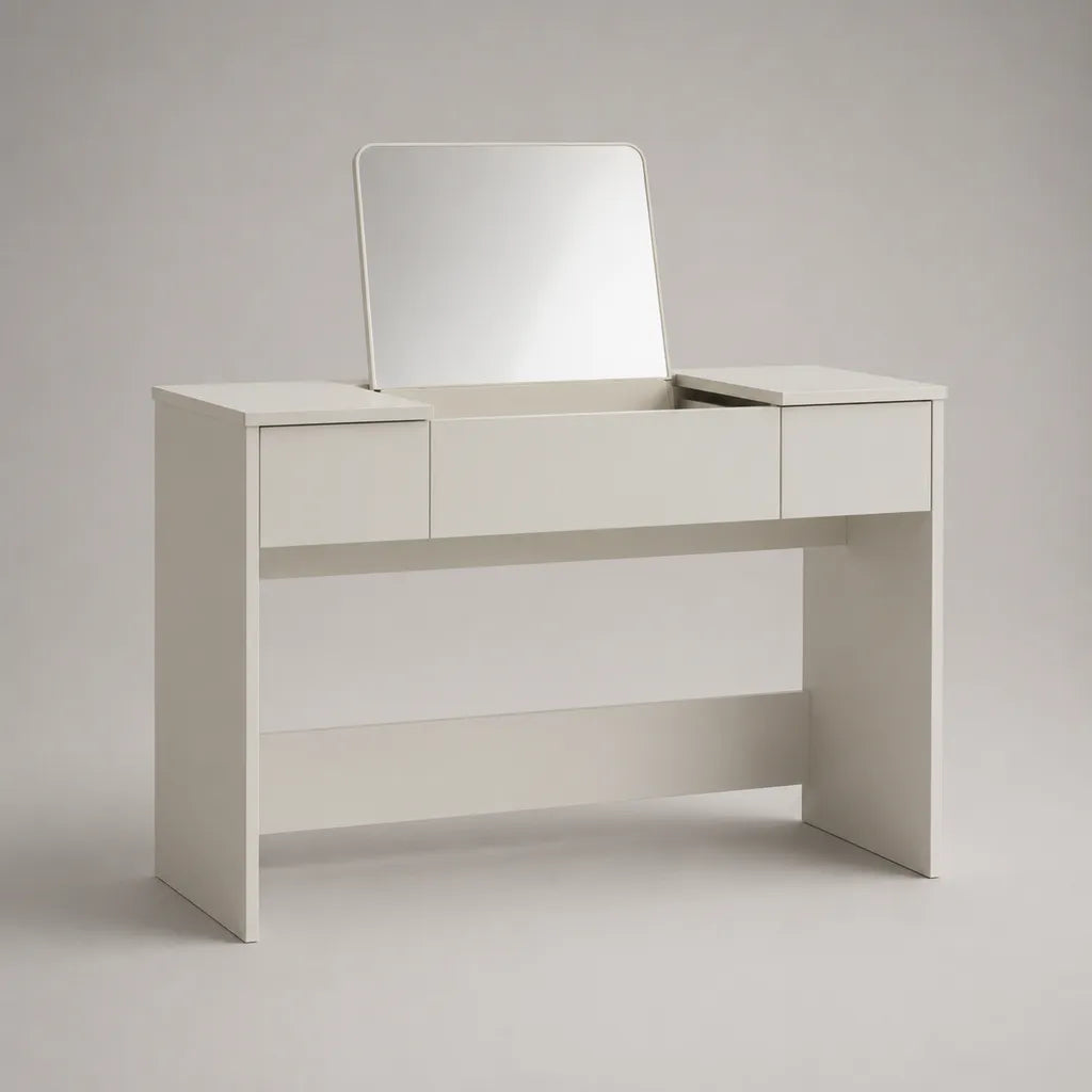 Coiffeuse blanche avec miroir rectangulaire et 3 tiroirs en panneaux de particules mélaminés, 100 × 40 × 130 cm