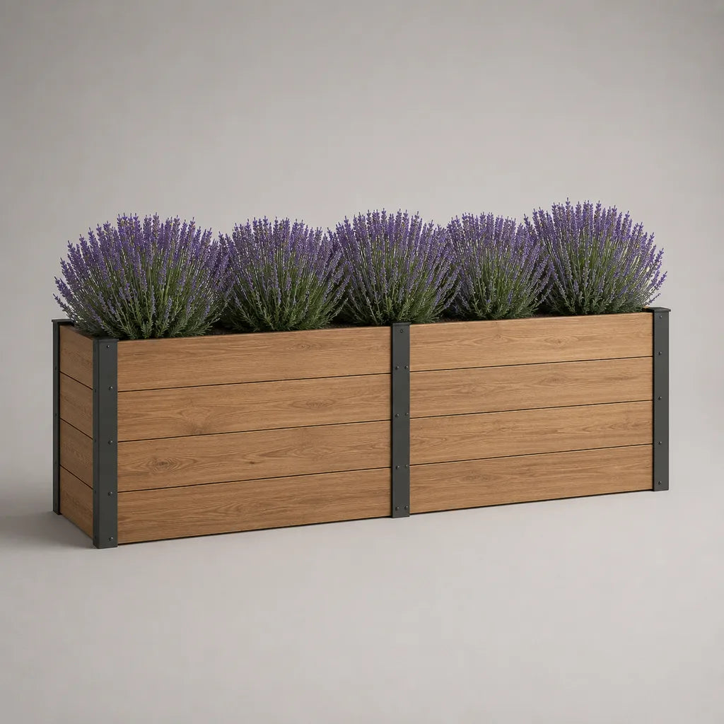 Jardinière rectangulaire d’extérieur en composite WPC et acier, marron et gris anthracite, 160 × 40 × 60 cm