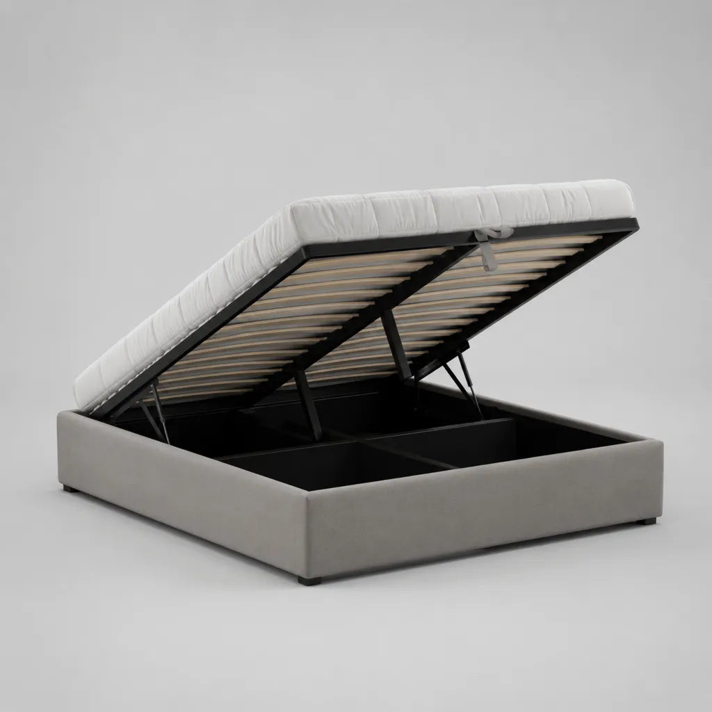 Lit coffre double en tissu beige avec sommier relevable à lattes, couchage 160 x 200 cm, dimensions 210 x 170 x 35 cm