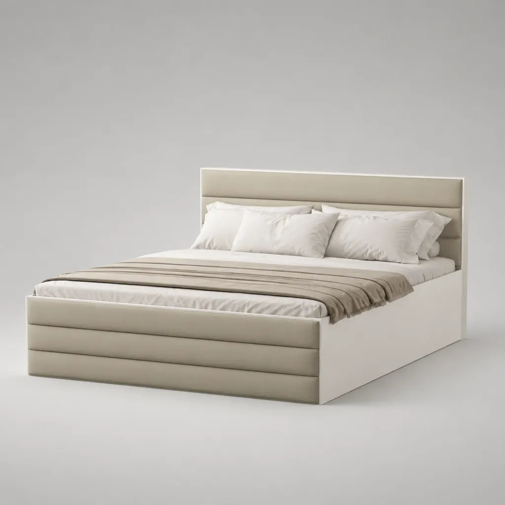 Lit coffre double 160 × 200 cm avec tête et pied de lit en tissu polyester, beige et blanc cassé