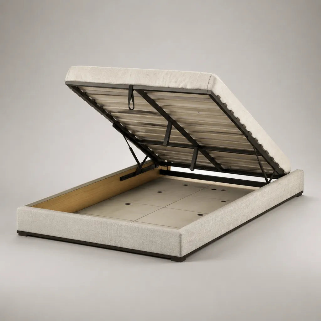 Lit coffre double 160 x 200 cm en tissu blanc cassé, sommier relevable en acier, dimensions 218 x 178 x 48 cm
