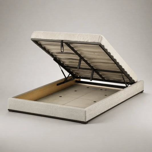 Lit coffre double 160 x 200 cm en tissu blanc cassé, sommier relevable en acier, dimensions 218 x 178 x 48 cm
