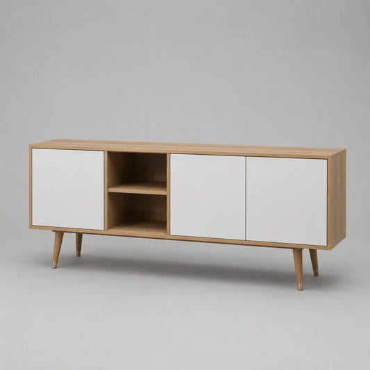 Meuble TV bas rectangulaire en bois avec 3 portes et 2 niches, chêne naturel et blanc, 160 × 40 × 75 cm