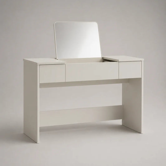 Coiffeuse blanche avec miroir rectangulaire et 3 tiroirs en panneaux de particules mélaminés, 100 × 40 × 130 cm