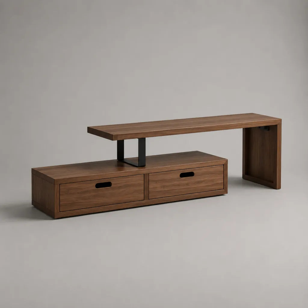 Meuble TV rectangulaire avec 2 tiroirs et étagère, panneaux MDF et acier, marron noyer et noir, 180 × 40 × 60 cm