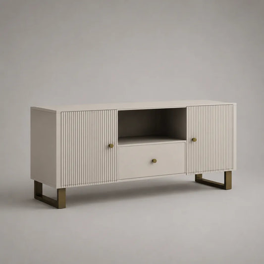 Meuble TV en MDF rainuré blanc cassé et métal finition laiton, 2 portes, 1 tiroir et 1 niche, 160 × 40 × 70 cm