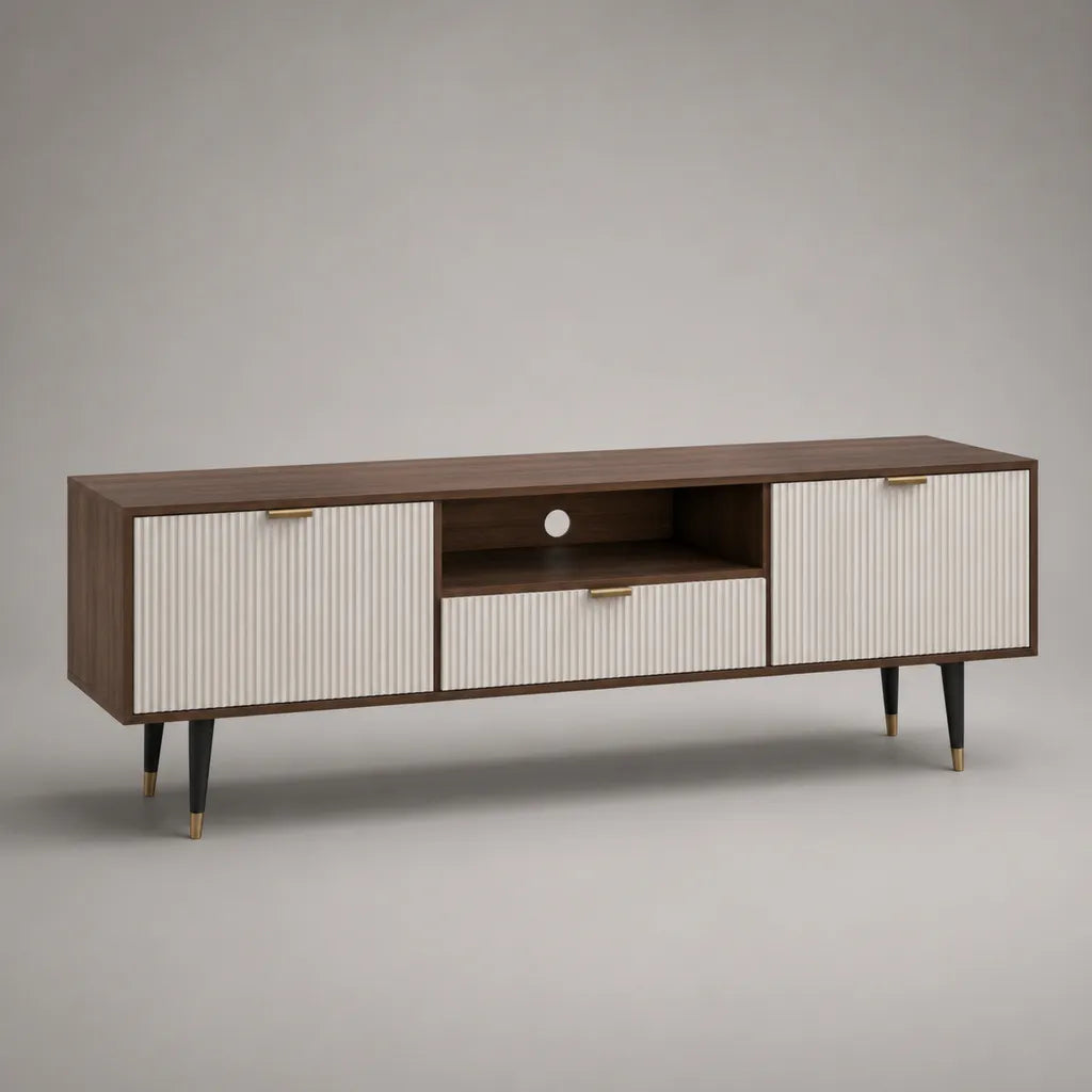 Meuble TV rectangulaire en MDF mélaminé, 2 portes, 1 tiroir et 1 niche, marron noyer et blanc, 180 × 40 × 60 cm