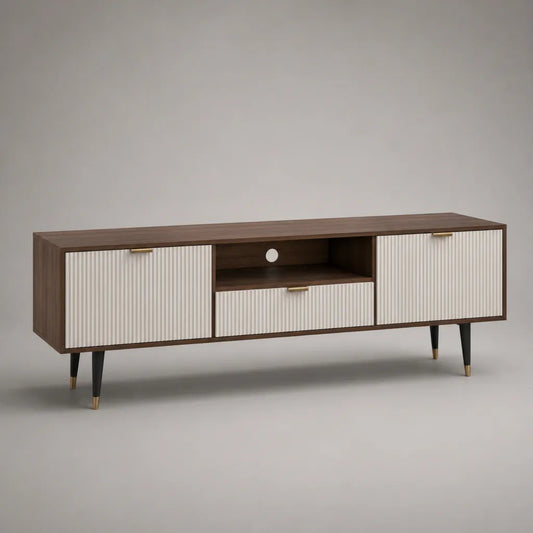Meuble TV rectangulaire en MDF mélaminé, 2 portes, 1 tiroir et 1 niche, marron noyer et blanc, 180 × 40 × 60 cm