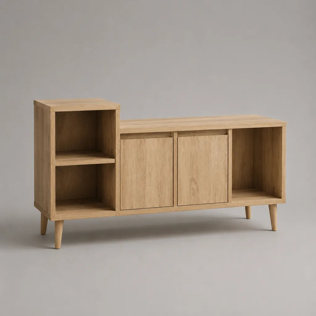 Meuble TV asymétrique en panneaux de particules, 2 portes et 3 niches, chêne naturel, 150 × 40 × 80 cm