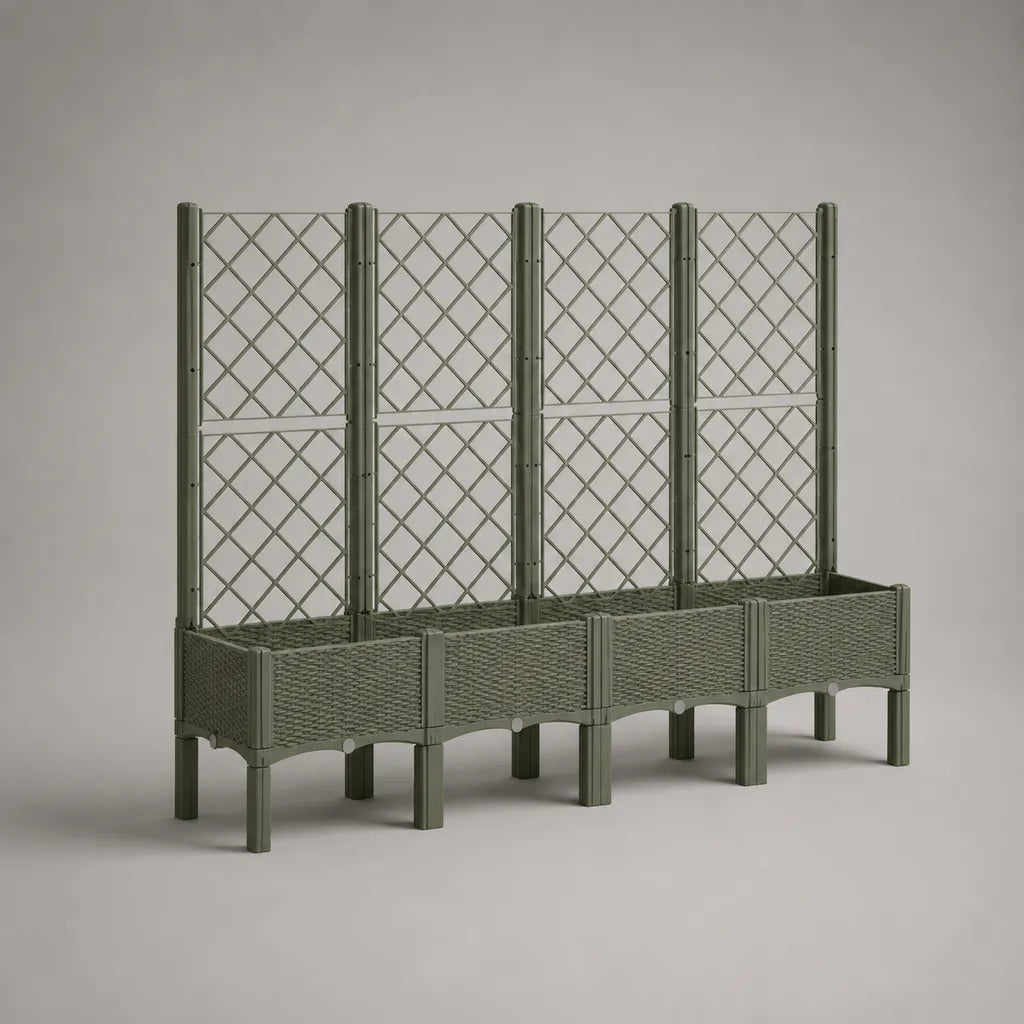 Lot de 4 jardinières surélevées avec treillis en polypropylène vert olive – 160 × 40 × 150 cm