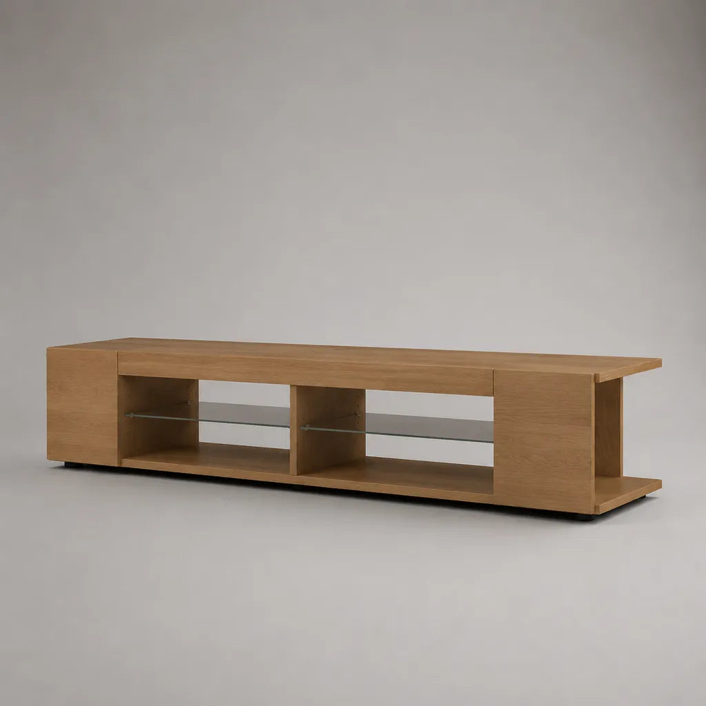 Meuble TV bas rectangulaire en MDF plaqué chêne et verre trempé, chêne naturel, 180 × 45 × 50 cm