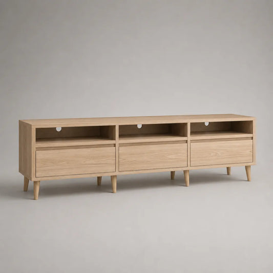 Meuble TV bas rectangulaire en MDF plaqué chêne naturel, 3 niches et 3 compartiments, 180 × 40 × 60 cm