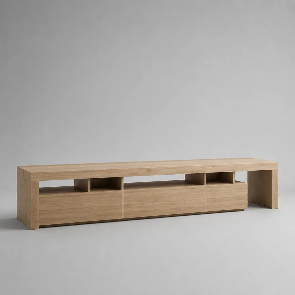 Meuble TV bas en panneaux de particules mélaminés, 3 portes et 4 niches, chêne naturel, 240 × 40 × 58 cm
