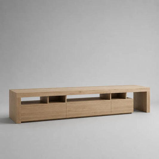 Meuble TV bas en panneaux de particules mélaminés, 3 portes et 4 niches, chêne naturel, 240 × 40 × 58 cm