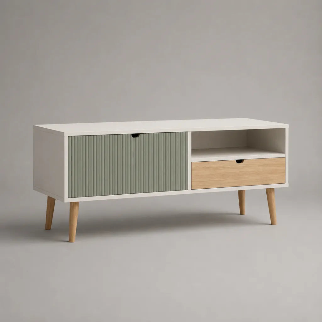 Meuble TV rectangulaire en bois avec 1 porte, 1 tiroir et 1 niche, blanc, vert sauge et décor chêne clair, 120 × 40 × 65 cm