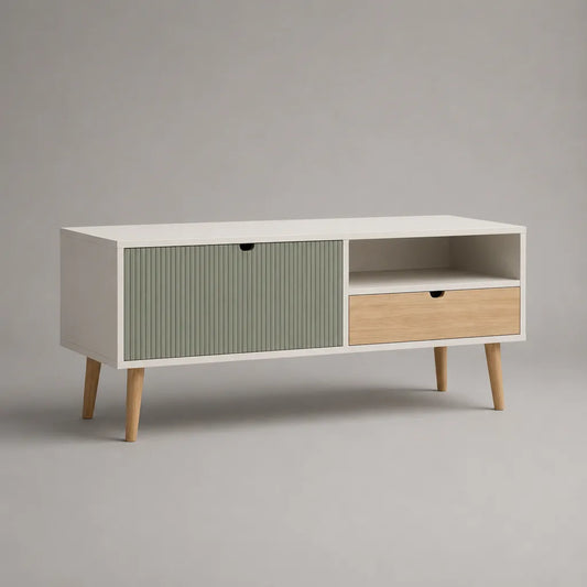 Meuble TV rectangulaire en bois avec 1 porte, 1 tiroir et 1 niche, blanc, vert sauge et décor chêne clair, 120 × 40 × 65 cm