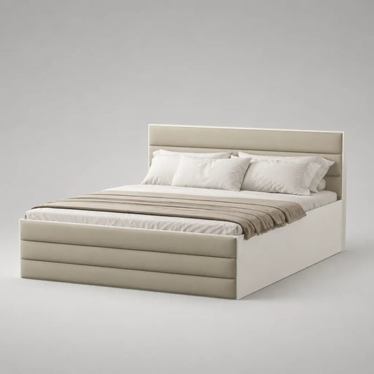 Lit coffre double 160 × 200 cm avec tête et pied de lit en tissu polyester, beige et blanc cassé