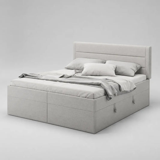 Lit double avec rangement 160 × 200 cm, cadre rembourré en tissu gris clair et tête de lit rectangulaire