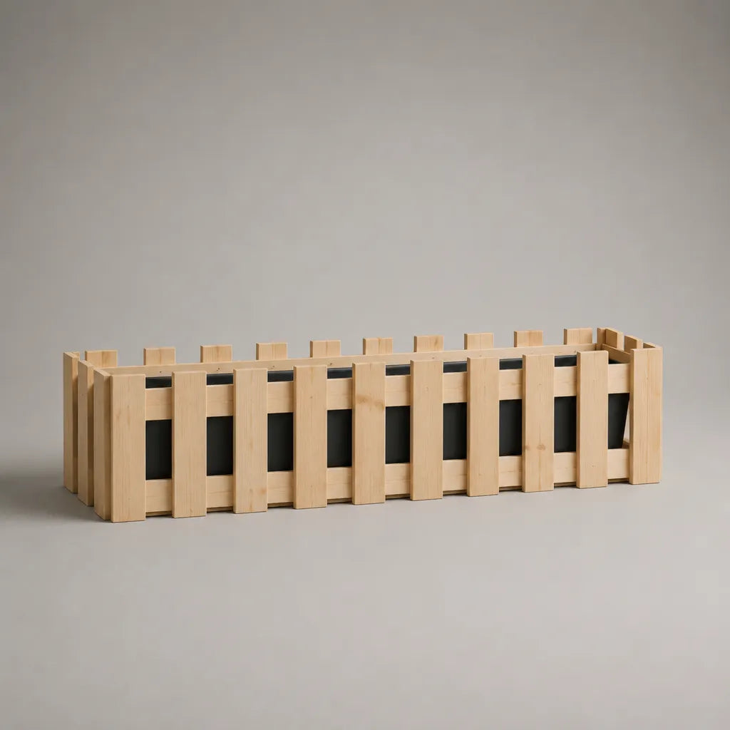 Jardinière rectangulaire en pin massif avec bac en plastique, bois naturel et noir, 100 × 30 × 35 cm