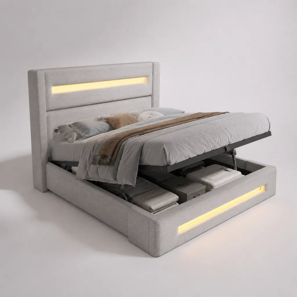 Lit coffre rembourré gris clair 172 x 218 x 120 cm, couchage 160 x 200 cm, sommier relevable et éclairage DEL