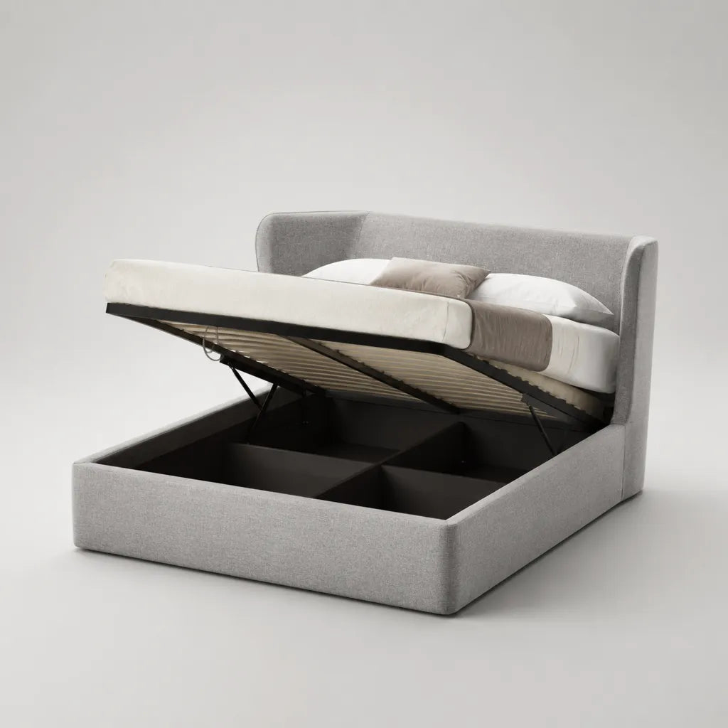 Lit coffre double rembourré en polyester et acier, gris clair et noir, couchage 160 × 200 cm, dimensions 218 × 176 × 110 cm