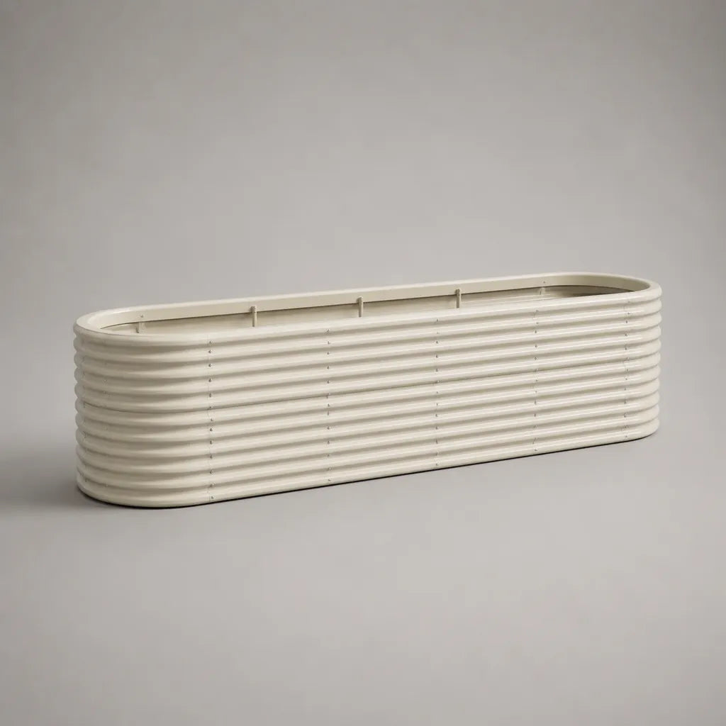 Jardinière rectangulaire en acier nervuré blanc cassé, 120 × 40 × 40 cm