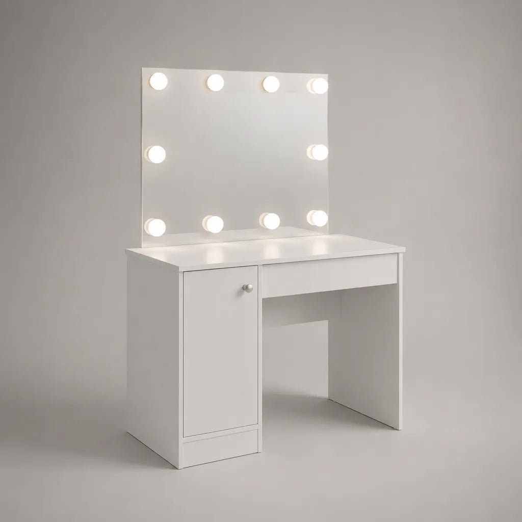 Coiffeuse en MDF blanc avec miroir lumineux et 10 ampoules LED, 80 × 40 × 140 cm