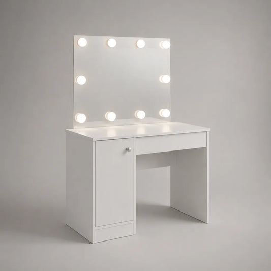 Coiffeuse en MDF blanc avec miroir lumineux et 10 ampoules LED, 80 × 40 × 140 cm