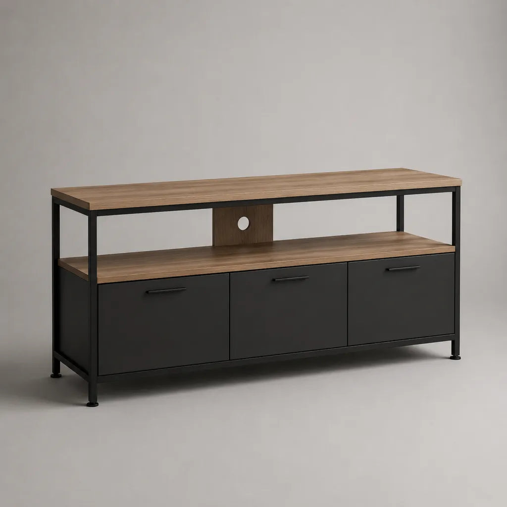 Meuble TV en panneaux de particules mélaminés et acier noir, 3 portes, tablette ouverte et passe-câbles, effet chêne et noir, 150 × 40 × 70 cm
