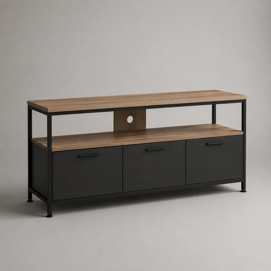 Meuble TV en panneaux de particules mélaminés et acier noir, 3 portes, tablette ouverte et passe-câbles, effet chêne et noir, 150 × 40 × 70 cm