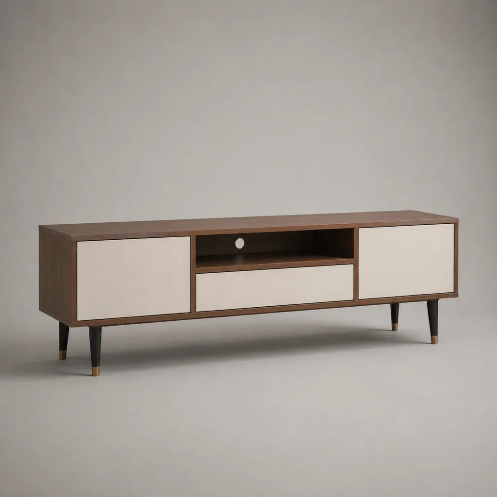 Meuble TV en MDF plaqué noyer avec 2 portes, 1 tiroir et niche ouverte, brun noyer et blanc cassé, 160 × 40 × 60 cm