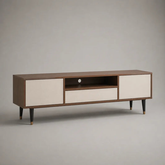 Meuble TV en MDF plaqué noyer avec 2 portes, 1 tiroir et niche ouverte, brun noyer et blanc cassé, 160 × 40 × 60 cm